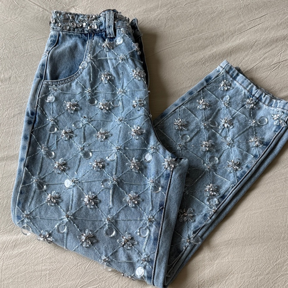 PatBO Light Blue Embellished Cropped Jeans